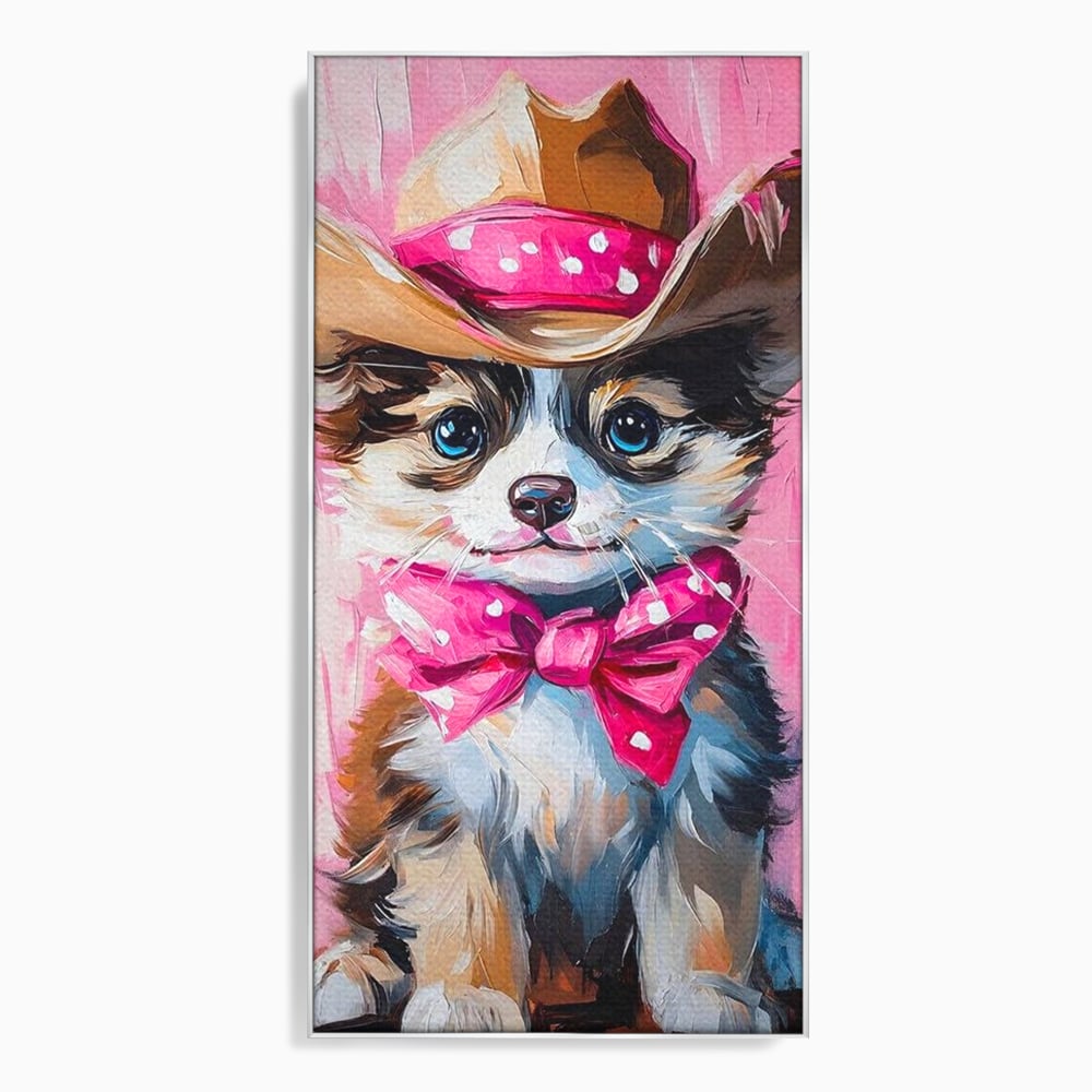 Tablou canvas cu tablou canvas cu catelus cowboy, in rama de aluminiu argintiu